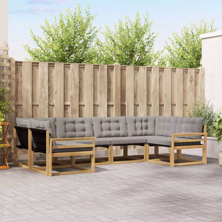 Set di divani da esterno vidaXL a forma di L composto da 6 pezzi in legno di acacia con cuscini in tessuto textilene bianco e grigio chiaro