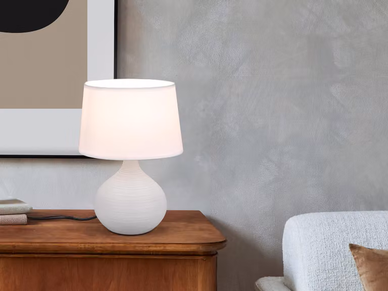 Lampada da tavolo a LED con base in Vetroceramica beige e paralume in tessuto bianco, lampada da comodino H: 29cm