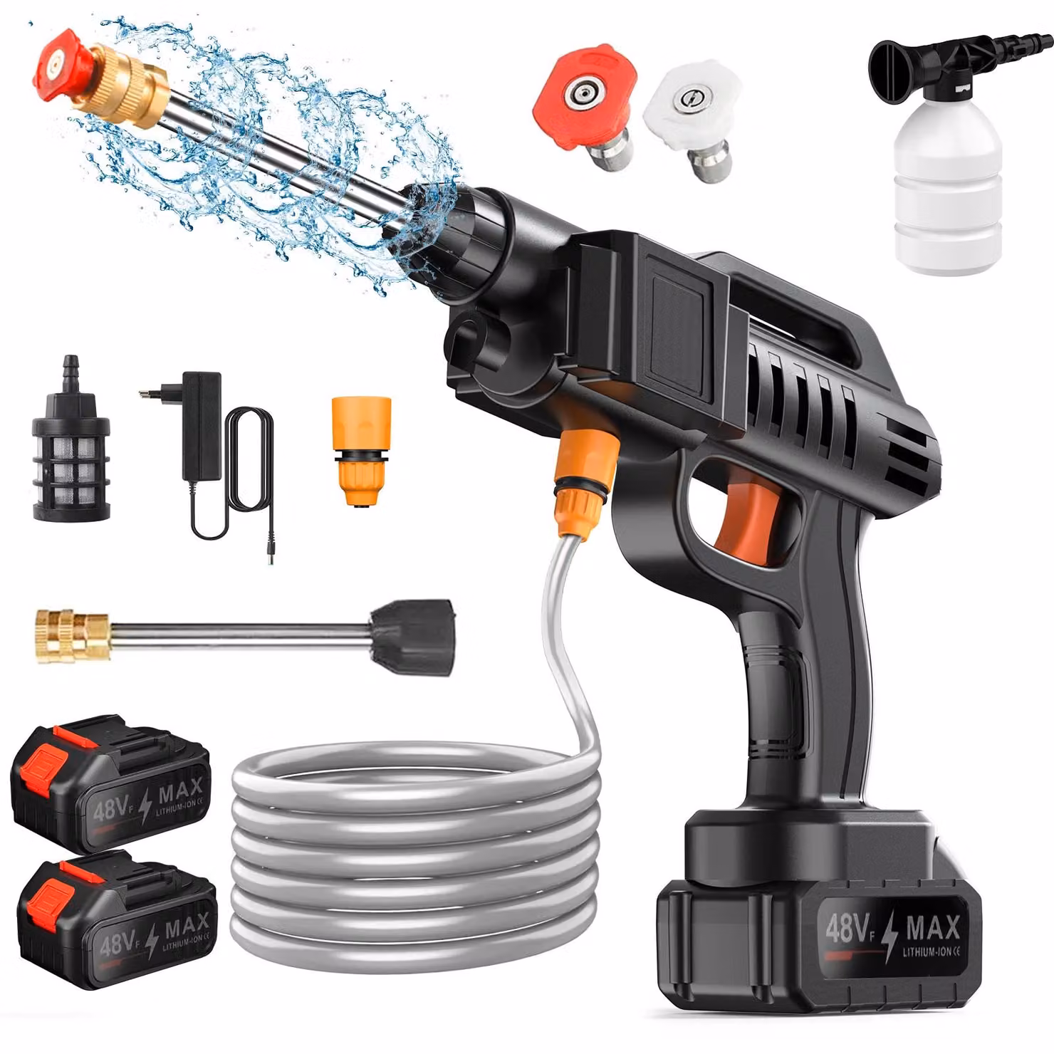 Pulitore ad alta pressione a batteria - Senza fili - 1500 W - 40–50 bar - 2 batterie da 12000 mAh - Ugello multi-getto - Aspirazione automatica - Flacone per schiuma con filtro in acciaio inossidabile