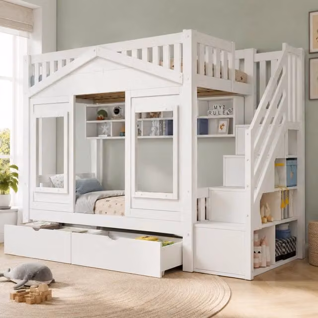 Letto a castello per bambini 90x200 cm in legno massello con scala contenitore, sponda protettiva e design a casetta bianco
