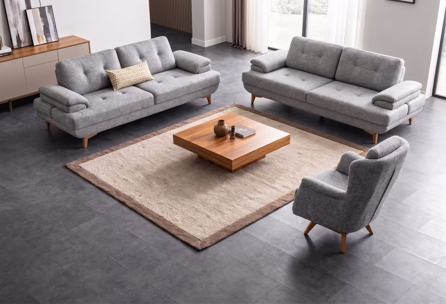 Divano grigio elegante, design moderno, composto da un divano a 3 posti e due poltrone in tessuto