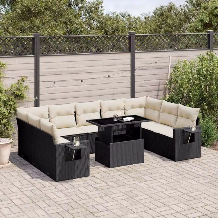 Set di divani da giardino vidaXL in polyrattan nero con cuscini e tavolino da esterno