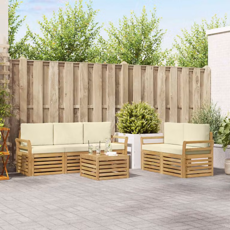 Set di divani da esterno vidaXL a forma di L composto da 6 pezzi con tavolino da caffè, in legno di acacia e tessuto bianco e beige
