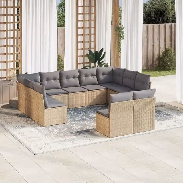 Set Divani da Giardino 11 pz con Cuscini Beige in Polyrattan 3218349