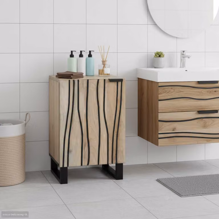 Armadio da bagno moderno vidaXL in legno e metallo, bianco e marrone, con ripiani interni e ante a battente, L: 38 cm, P: 33 cm, H: 58 cm