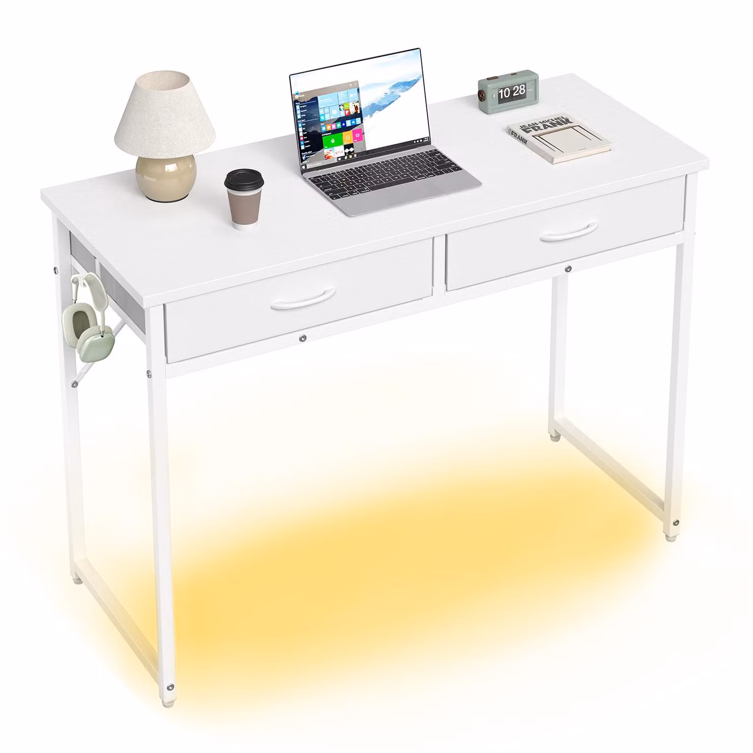 scrivania da gioco da 41 pollici con illuminazione a LED, scrivania per computer e toletta regolabile in altezza, salvaspazio con 2 cassetti in tessuto e ganci, Per stanze piccole