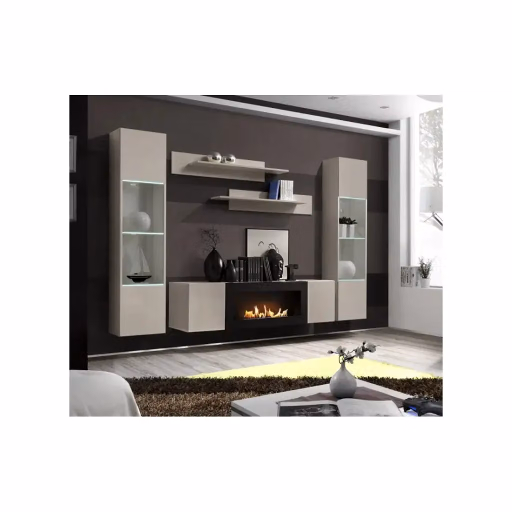 Composizione murale FLY Meublorama beige con vetrine, camino a bioetanolo e illuminazione LED, L: 260 cm, H: 170 cm, P: 40 cm – 2