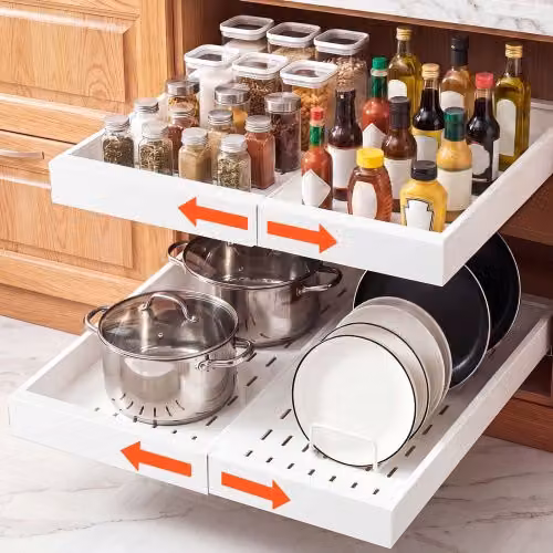 Set di 2 organizer portaoggetti estraibili VEVOR per sottolavello, cestelli per armadietto cucina e bagno, Colore: Bianco, L: 52,0 cm, P: 30,2 cm, H: 6,5 cm