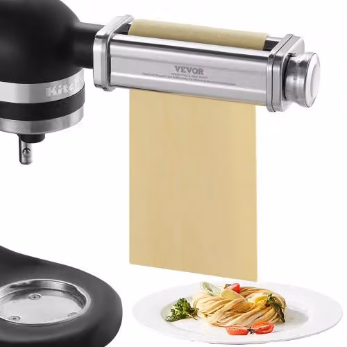 Rullo per sfogliatrice di pasta VEVOR in acciaio inox color argento, compatibile con impastatrice KitchenAid, spessore regolabile, Larghezza: 14 cm
