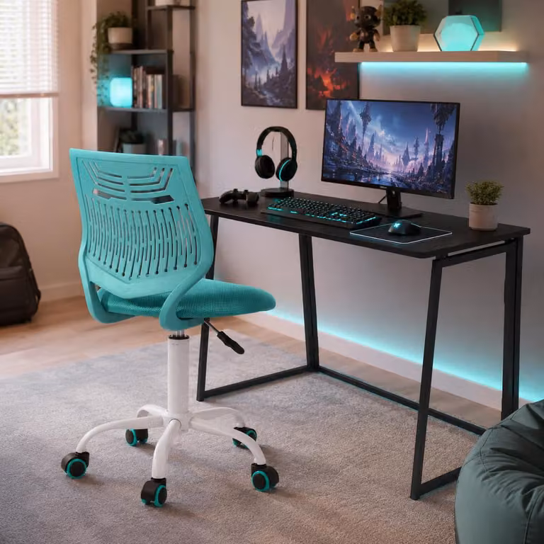 Sedia da gaming per bambini, ergonomica, con regolazione dell'altezza della seduta, ruote in gomma, color turchese, ideale per la cameretta