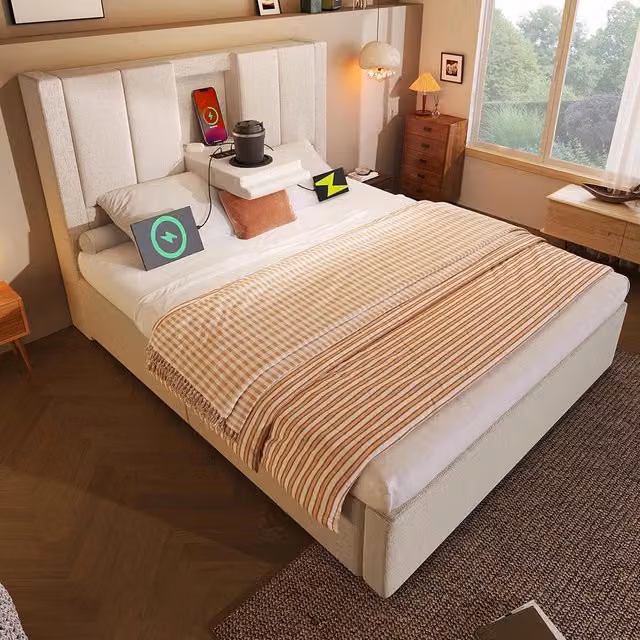 Letto imbottito-Xylo-90x200cm porta-bicchiere USB idraulico lino beige senza materasso