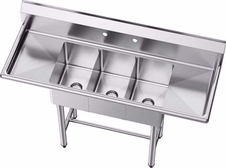 Lavello SucceBuy con tre vasche, due sgocciolatoi e paraspruzzi, lavello da cucina (1372 x 508 x 1097 mm), adatto per ristoranti, chioschi e uso privato, lavello in acciaio inossidabile color argento