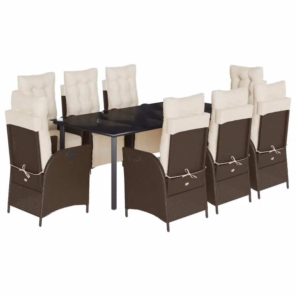Set da Pranzo da Giardino 9 Pezzi vidaXL in Polyrattan Marrone con Tavolo in Vetro e Cuscini – 2
