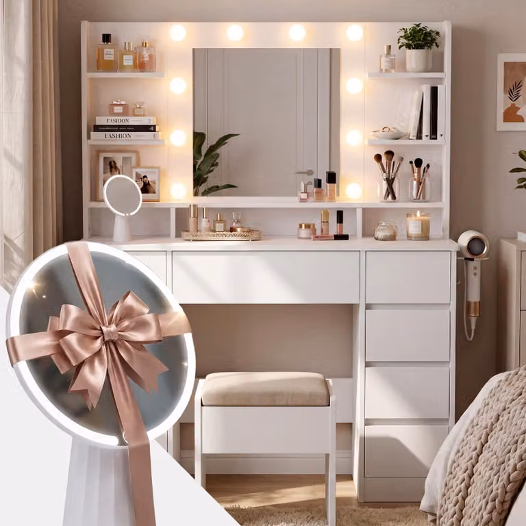 Comò da trucco elegante con specchio, colore bianco
