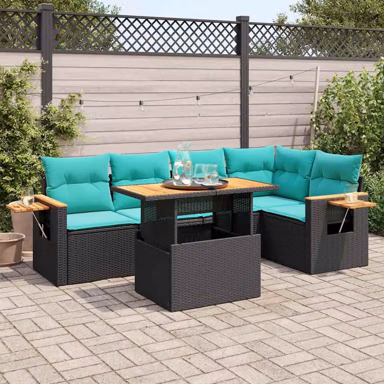 Set Divano da Giardino vidaXL 6 pz a Forma a L in Polyrattan con Cuscini e Tavolino, Colore Nero e Accacia