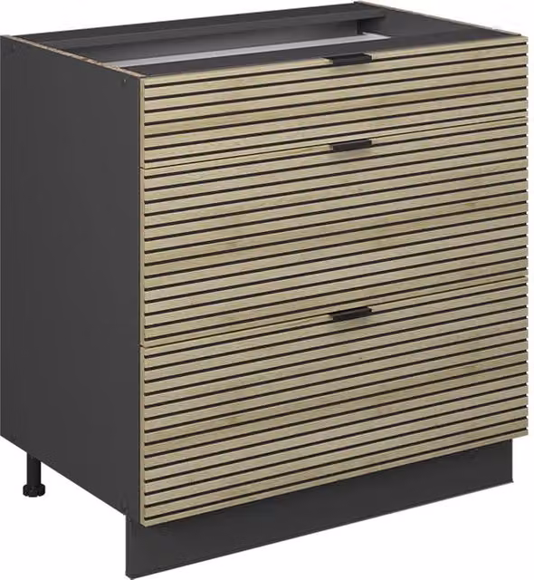 Mobiletto base per cucina Fame-Line Pannello in quercia/Antracite 80 cm con 3 cassetti, senza piano di lavoro Vicco