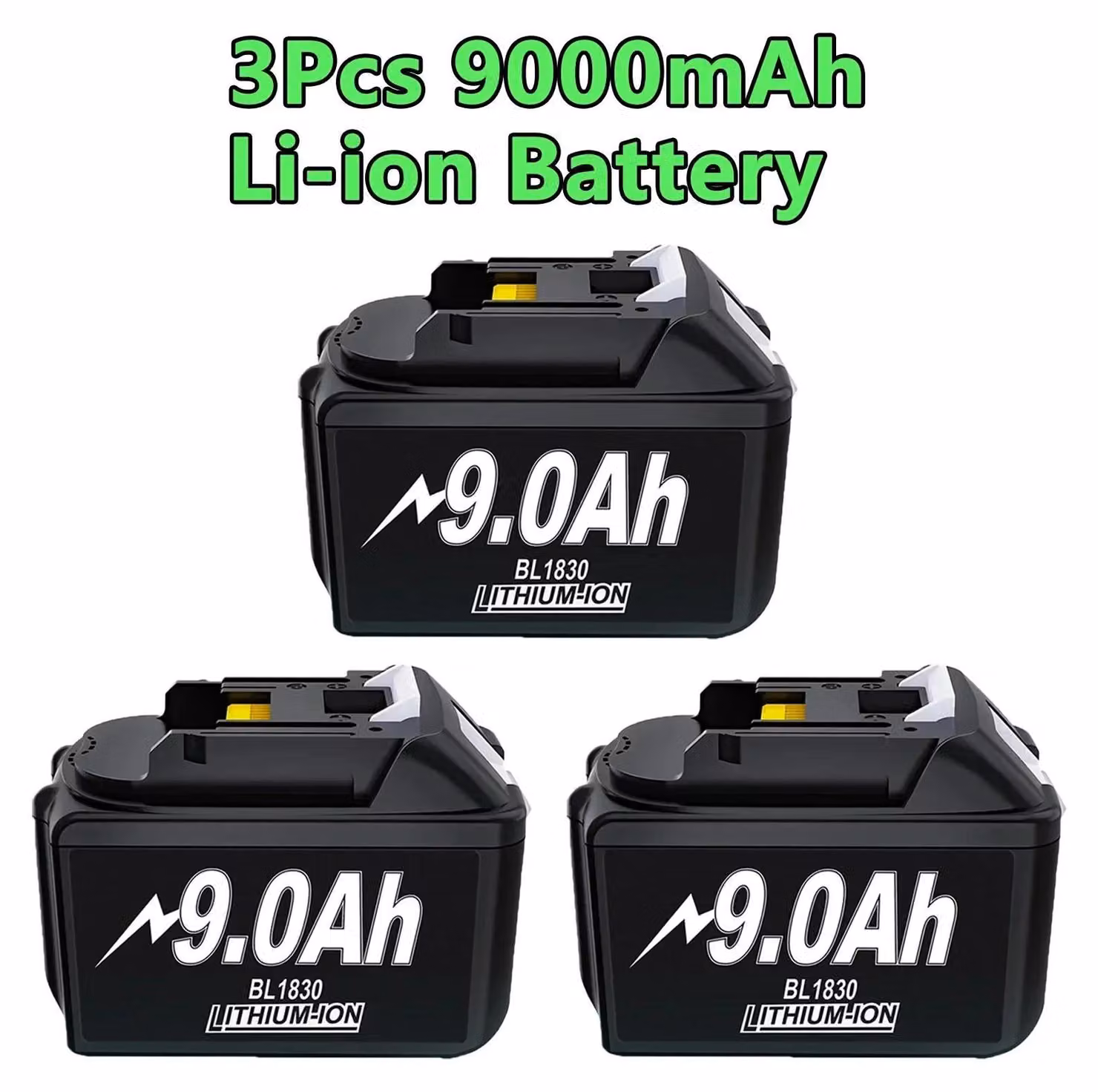 Batteria di ricambio per utensili elettrici - Litio-Ioni, 18V - Confezione da 3, 9000 mAh, alta capacità - Compatibile con i modelli BL1830, BL1840, BL1850, BL1860