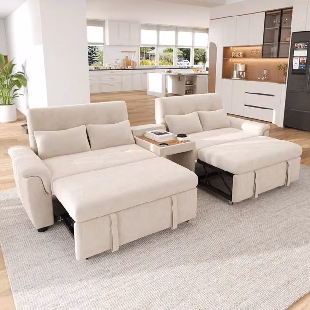 Divano letto in ciniglia beige con 2 moduli estraibili; schienale regolabile e portabicchieri