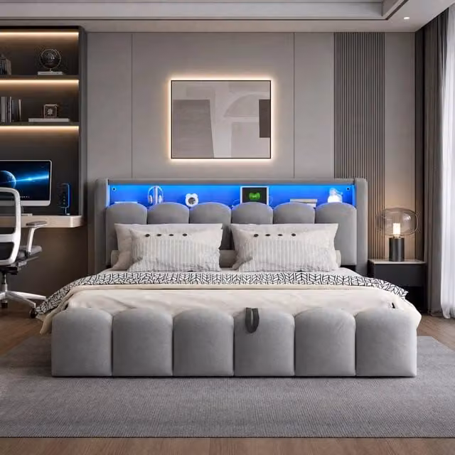 Letto matrimoniale imbottito 180x200 cm in velluto grigio con contenitore idraulico, USB, Type-C e illuminazione LED