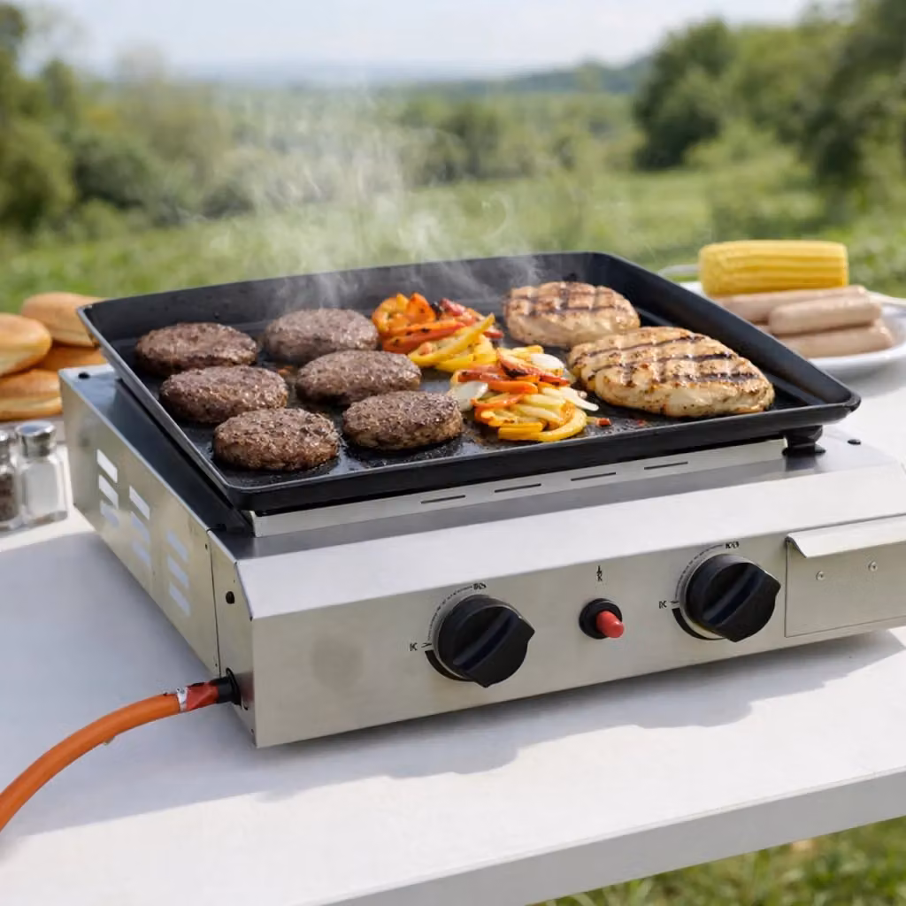 Barbecue a Gas SOLEILUX con 2 Bruciatori da 2.4kW e Plancha Smaltata, Colore Argento, Portatile da Appoggio o con Piedistallo, Accensione Piezo e Vassoio Raccogli Grasso – 2