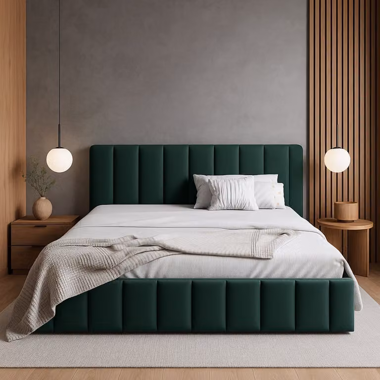 Letto imbottito Sofello, superficie di riposo 120 x 200 cm, struttura a doghe in legno con funzione di sollevamento, letto verde in velluto