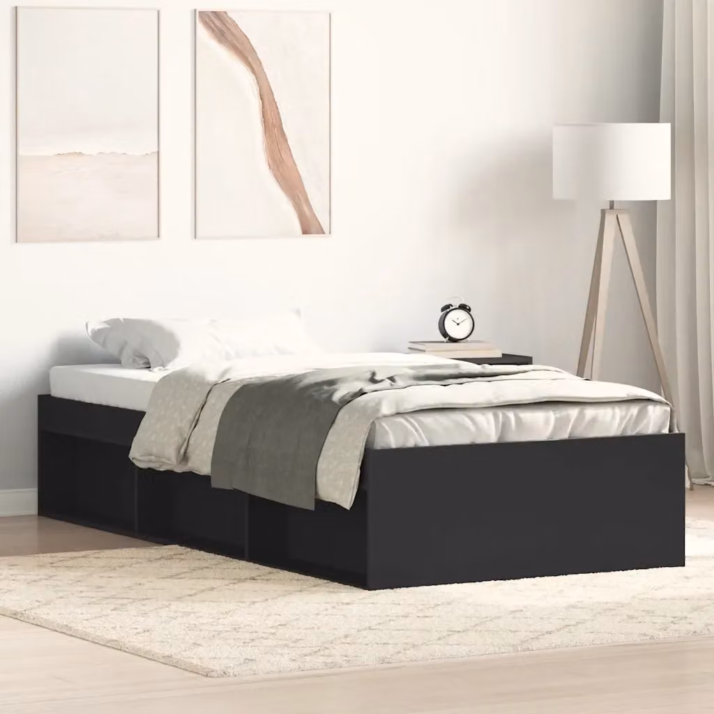 Letto singolo moderno Design In in legno e MDF nero con scomparti laterali L/P/H: 200 x 100 x 35 cm – 2