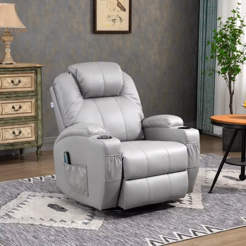 Poltrona relax reclinabile girevole a 360 gradi REDOM in ecopelle grigia con struttura in metallo – 2