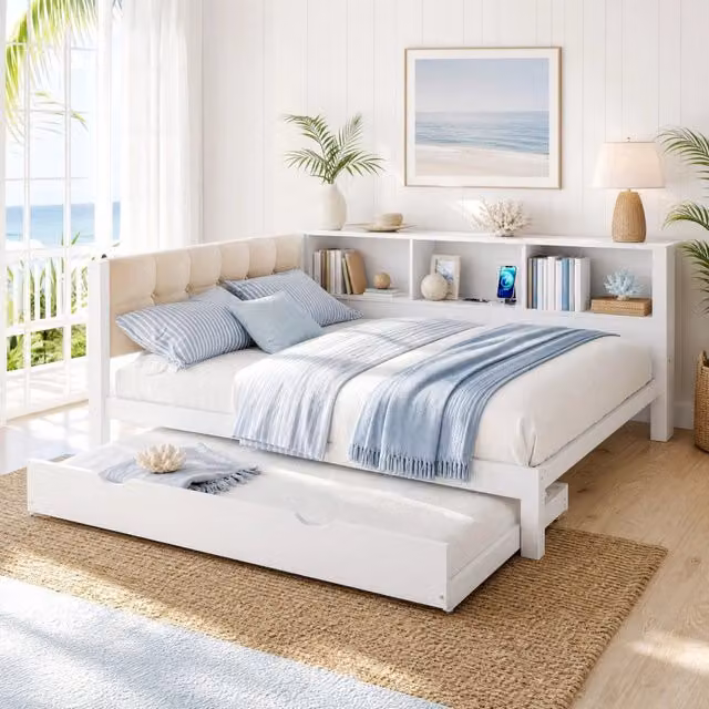 Letto 140x200 cm bianco – con letto estraibile, LED e USB, senza materasso