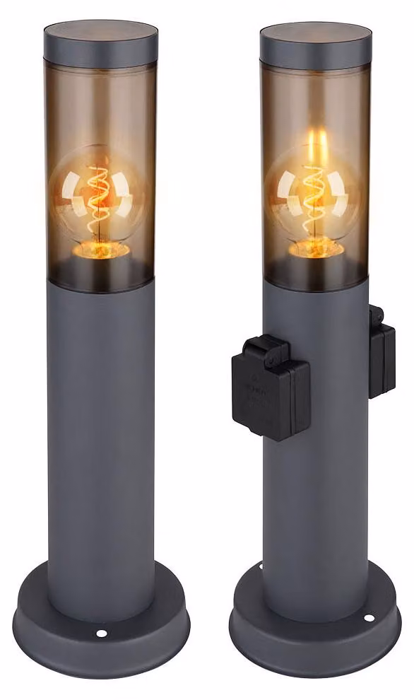 Set di 2 luci a pavimento, con prese, in acciaio inossidabile, altezza 45 cm