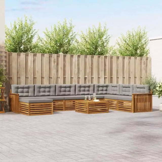 Set di divani da esterno a L vidaXL in legno di acacia con cuscini, colore grigio, 9 pezzi – 1