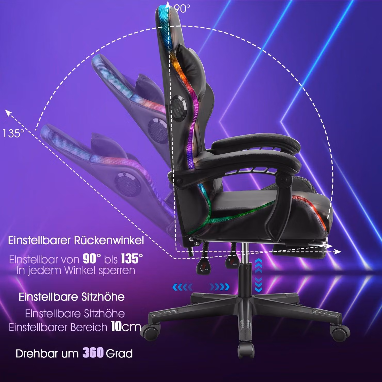 Sedia da gaming - Sedia da ufficio - Sedia girevole - Sedia ergonomica - Illuminazione RGB nera
