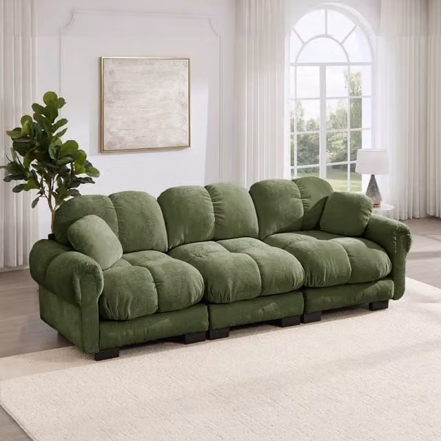 Divano 3 posti 260x86x90 cm con cuscini trapuntati in chenille verde