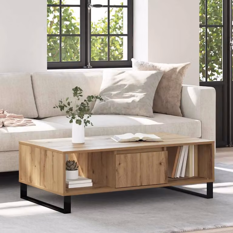 vidaXL Tavolino da salotto rettangolare in legno e metallo color rovere, L: 104 cm, P: 60 cm, H: 35 cm