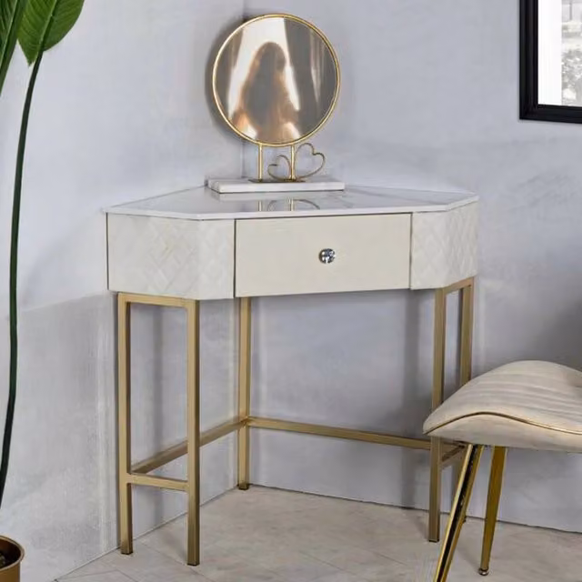 Consolle Viscardo, Tavolo multiuso, Mobiletto d'appoggio, Scrivania da corridoio, 85x60 h77 cm, Bianco e Oro