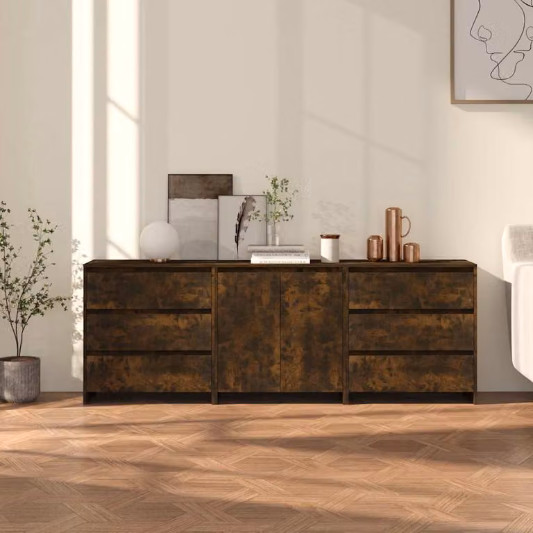 Set di 3 credenze moderne vidaXL in legno multistrato e MDF, colore rovere fumo marrone
