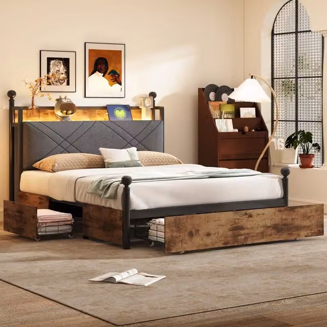 Letto Mivray con cassetti e baldacchino removibile, struttura in metallo nero con testiera imbottita, illuminazione LED e porta USB Type-C, L/P: 140 x 190 cm