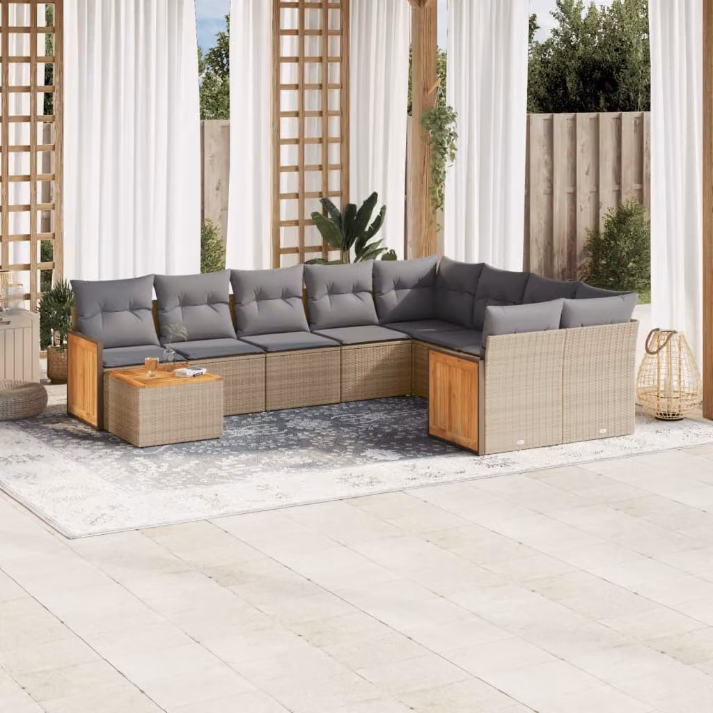 vidaXL Set Divano da Giardino 10 pz in Polyrattan con Cuscini Beige e Tavolino da Esterno