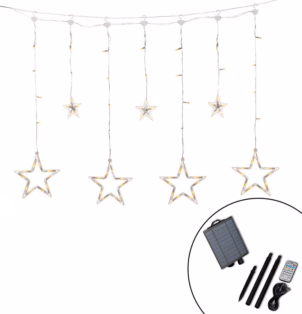 Decorazione natalizia Konstsmide, tenda luminosa solare a LED con stelle, 77 diodi color ambra, incluso pannello solare, telecomando, cavo trasparente, per esterni
