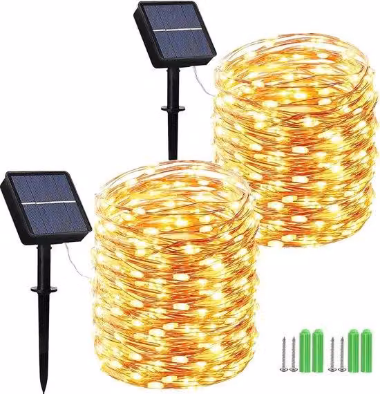 Ghirlanda luminosa a energia solare 15 m, 150 LED, filo di rame, 8 modalità, IP65, impermeabile, bianco caldo