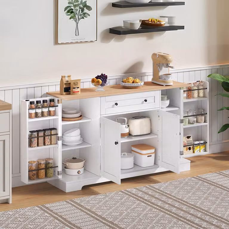 Credenza da cucina con cassetto e ante a ripiano, dimensioni 138x40x85 cm, finitura naturale