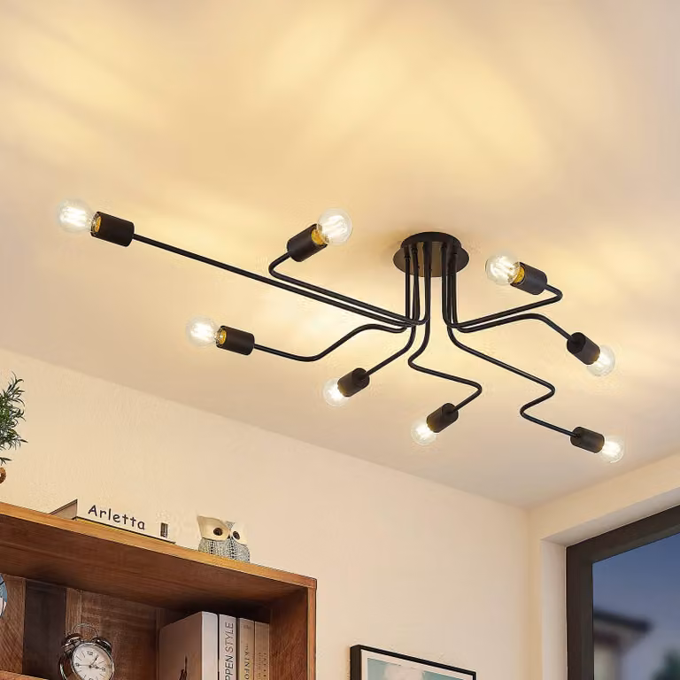 Plafoniera soffitto Elimar Lindby, dimmerabile, Nero, Soggiorno / Sala da pranzo, Metallo, Vintage, Plafoniera