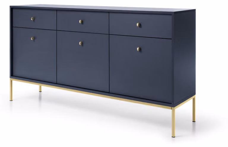 Comò con tre cassetti e tre ante, color blu navy, maniglie dorate