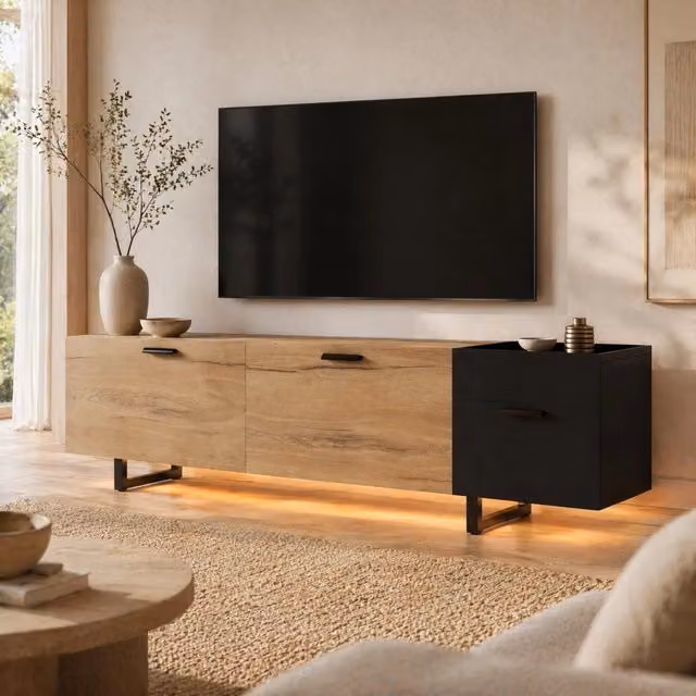 Mobile TV moderno MODFU con illuminazione LED integrata, struttura in legno e metallo nero opaco, L: 180 cm, P: 38 cm, H: 49 cm