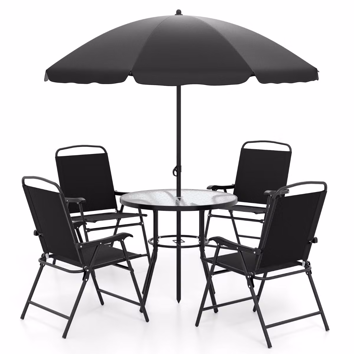 Set da pranzo da giardino Costway composto da tavolo rotondo in vetro temperato e 4 poltrone pieghevoli in acciaio nero
