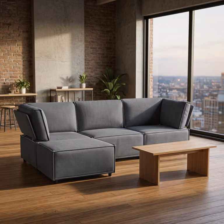 Divano MODFU, 4 posti, grande, modulare a forma di L, divano relax con poggiapiedi, imbottitura in lino, design moderno, colore grigio scuro