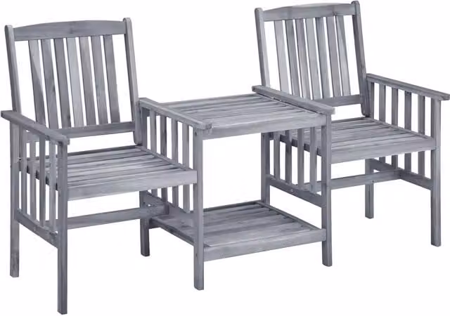 Set da giardino con tavolino rettangolare e sedie in legno di acacia con cuscini grigi o blu