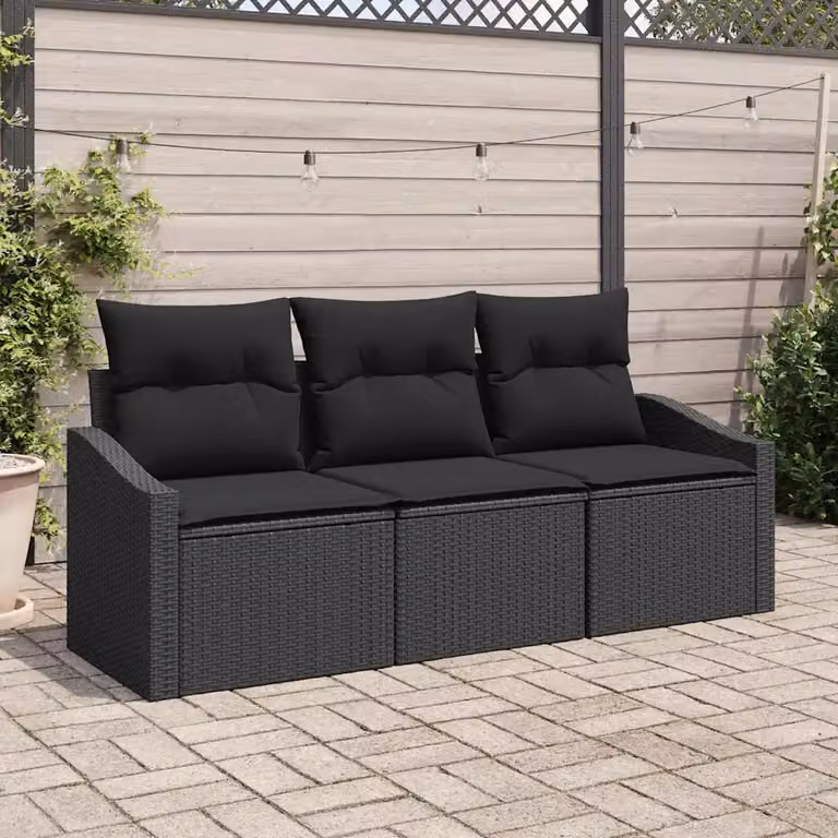 Set Divano da Giardino 3 Pezzi vidaXL Nero con Cuscini e Struttura in Metallo