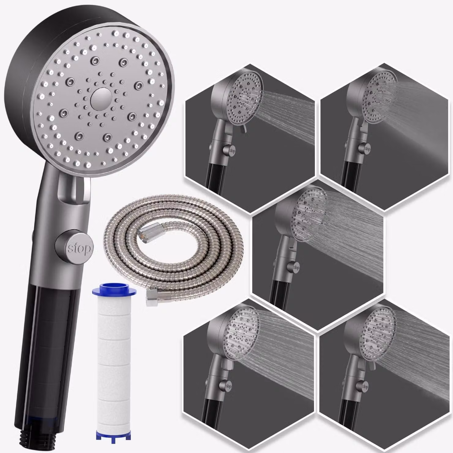 Doccia con filtro e funzione di arresto, 5 tipi di getto, tubo da 1,5 metri, colore grigio