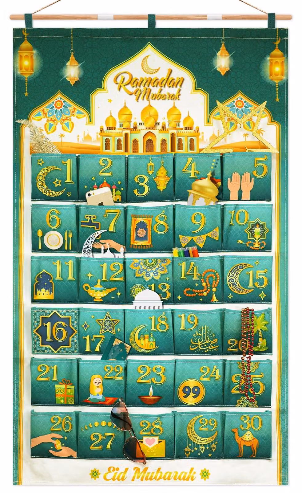 Calendario dell'Avvento di Ramadan riutilizzabile con sacchetti - Decorazione verde e dorata