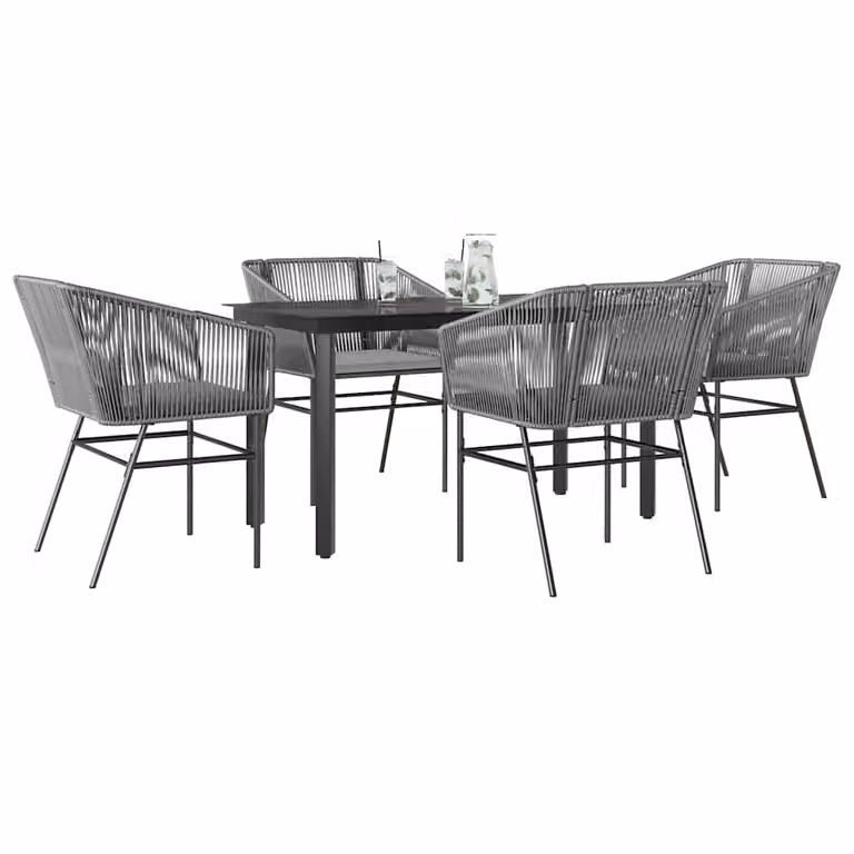 Set da pranzo da giardino vidaXL in polyrattan con tavolo in vetro e 5 sedie con cuscini, grigio e nero